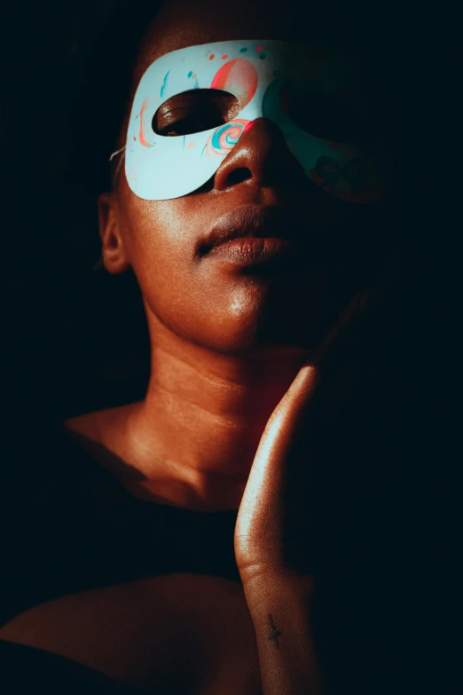 a woman wearing a white mask in the dark, an album cover, trending on pexels, afrofuturism, implanted sunglasses, reflecting light, ( ( dark skin ) ), anaglyph