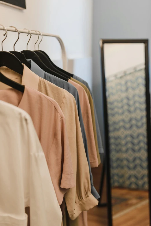 clothes hanging on a rack in front of a mirror, by Carey Morris, trending on unsplash, renaissance, wear's beige shirt, modern pastel colours, tech robes, blue and pink shift