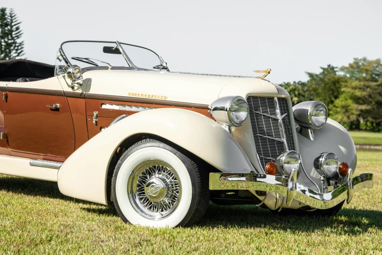 a brown and white car parked on top of a grass covered field, speedster, art deco influence, mastercraft, featuring rhodium wires