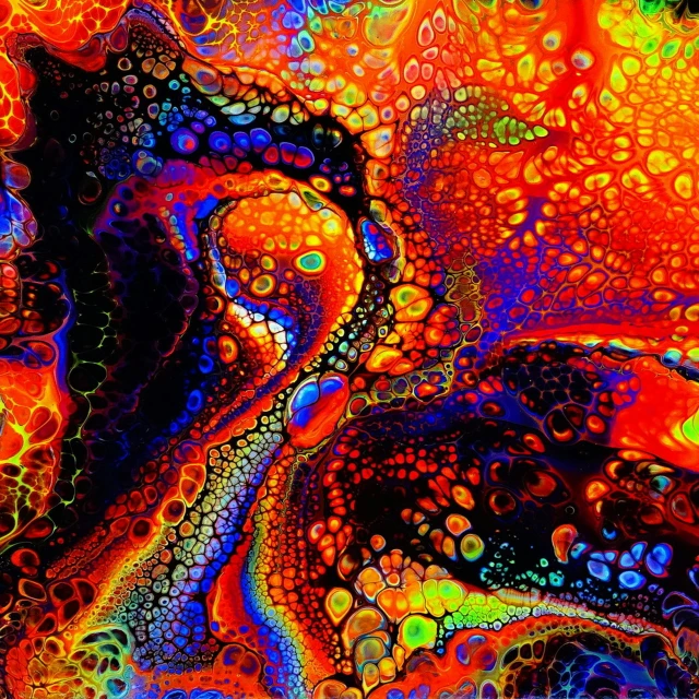 an image of a psychedelic painting, digital art, inspired by Yahoo Kusama, flickr, psychedelic art, fire lava, alcohol ink art, psychedelic black light, splashes of neon clouds