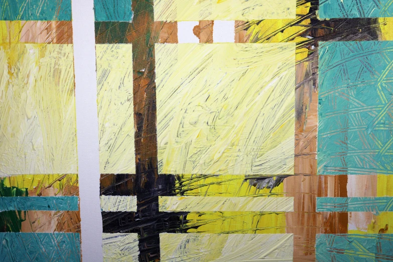 a close up of a painting on a wall, an abstract painting, cross hatch, on yellow paper, jenny seville, rough lines