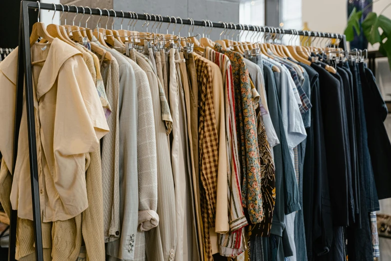 clothes hanging on a rack in a clothing store, by Nicolette Macnamara, trending on pexels, renaissance, grid of styles, 7 0 s photo, wearing a linen shirt, federation clothing