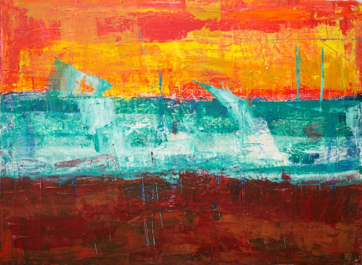 a painting of a sunset over the ocean, an abstract painting, pexels, abstract expressionism, turquoise and venetian red, thomas kinkad, rough seas, an abstract