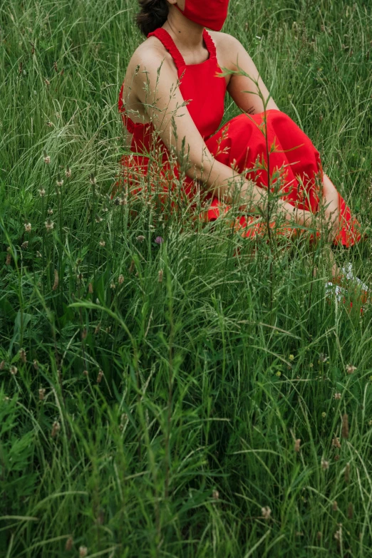 a woman in a red dress sitting in a field, trending on pexels, verdant and lush and overgrown, red jumpsuit, grassy, detail shot