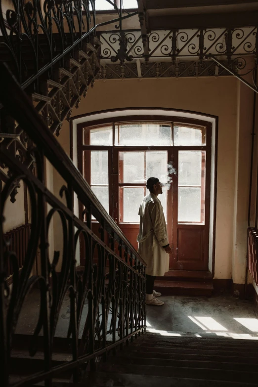 a woman standing at the top of a set of stairs, inspired by Elsa Bleda, pexels contest winner, art nouveau, light brown trenchcoat, soviet apartment building, ( ( theatrical ) ), indoor scene
