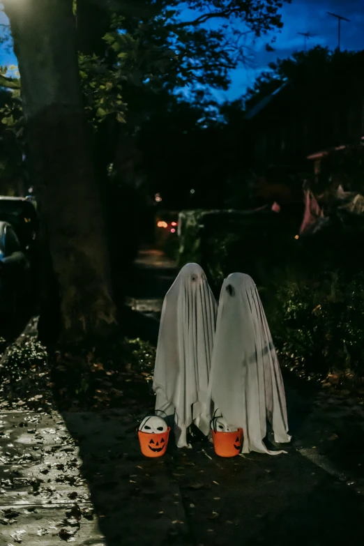 a couple of ghosts sitting on the side of a road, in front of the house, trees outside, bags on ground, ready