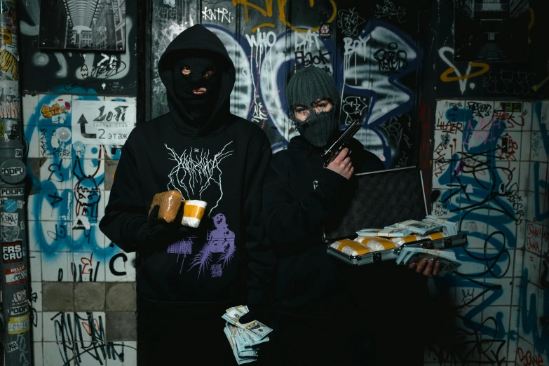 a couple of men standing next to each other, an album cover, unsplash, graffiti, black hood, ready to eat, bank robbery movies, grindcore