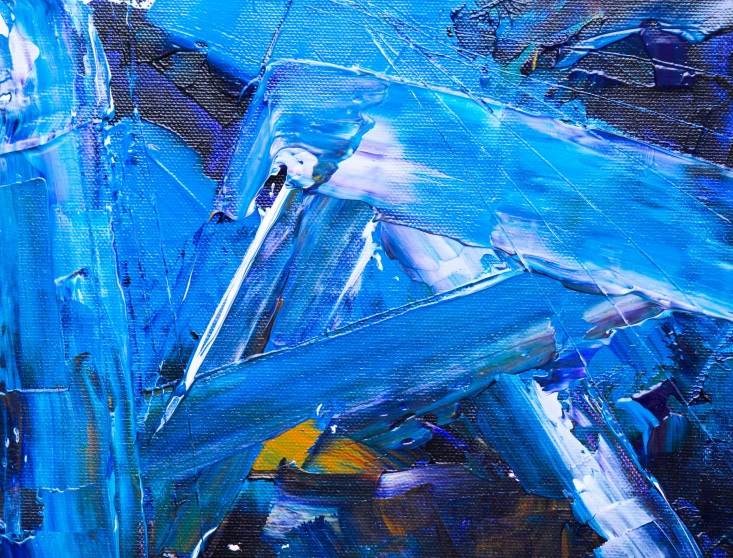 a close up of a painting of blue paint, by Micha Klein, pexels, abstract art, ice shards, dazzling lights, neoexpressionism, oil paint style