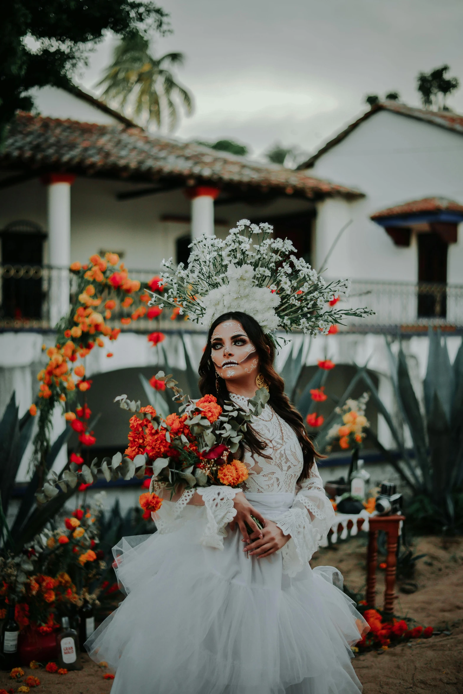 a woman in a white dress holding a bouquet, inspired by Frida Kahlo, pexels contest winner, tlaquepaque, corpse bride style, white and orange, made of flowers