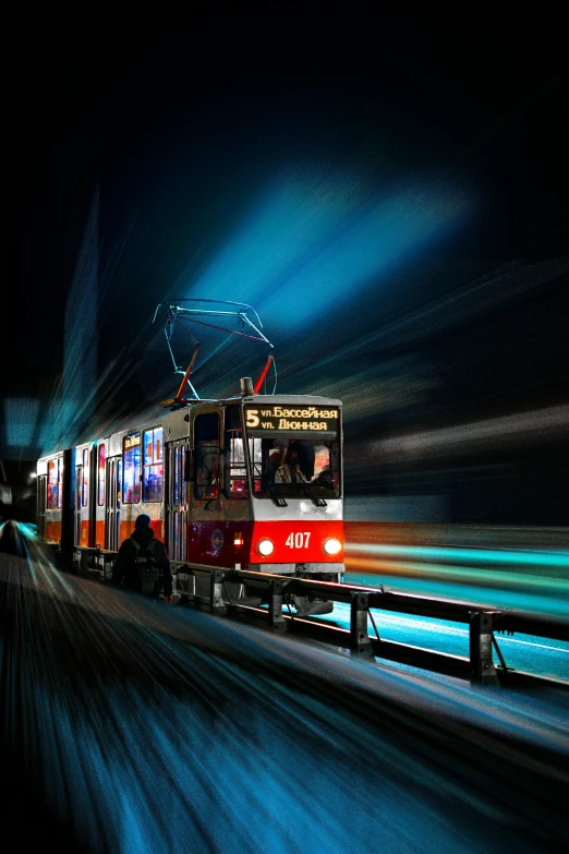 a train traveling down a train track at night, by Tobias Stimmer, pexels contest winner, viennese actionism, street tram, colored photo, hyperrealistic n- 4, zig zag