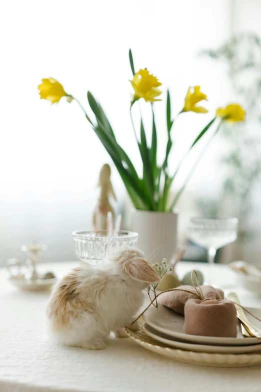 a close up of a plate of food on a table, easter, shades of gold display naturally, brightly lit, rabbit