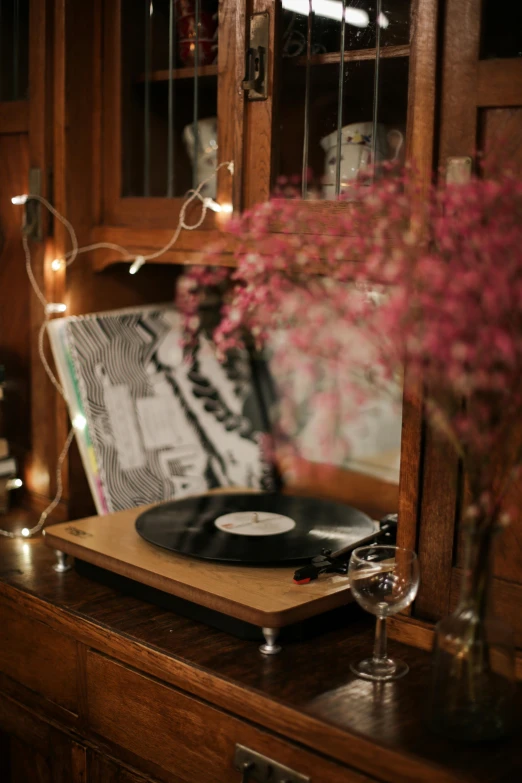a record player sitting on top of a wooden dresser, cosy enchanted scene, product display photograph, dj at a party, stems