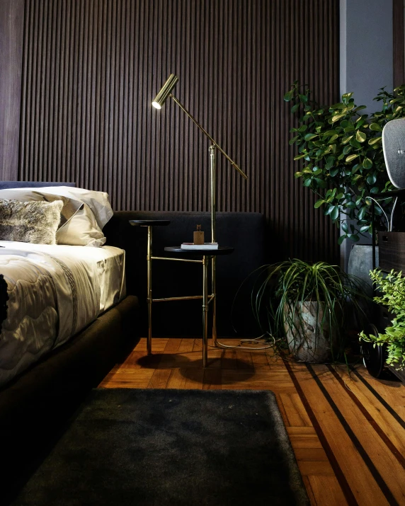 a bed room with a neatly made bed, by Adam Rex, pexels contest winner, modernism, lush plant and magical details, golden dappled dynamic lighting, standing lamp luxury, angled shot
