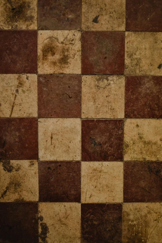 a tiled floor with a brown and white checkerboard pattern, an album cover, by Rudolf Schlichter, unsplash, dull red flaking paint, napoleonic, gold, square
