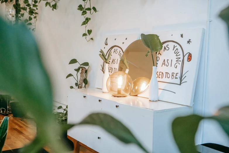 a mirror sitting on top of a dresser next to a plant, by Julia Pishtar, pexels contest winner, light and space, fairy lights, bright signage, background image, delightful surroundings