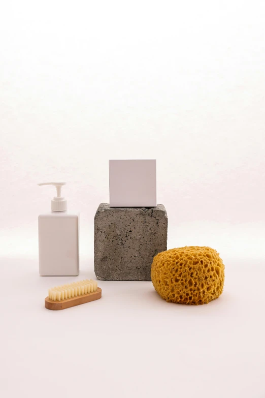 a soap dispenser, sponge and soap dispenser on a white background, inspired by Giorgio Morandi, unsplash, square, concrete, sea sponges, detailed product image