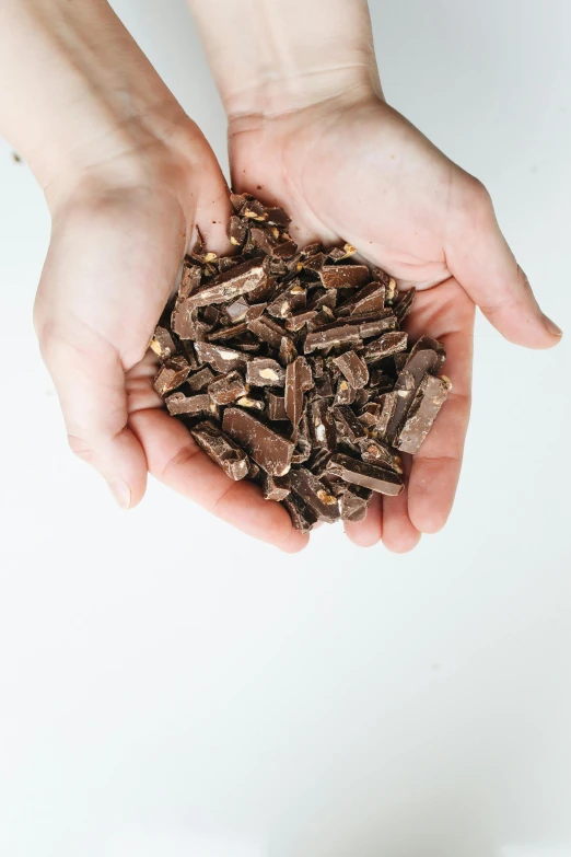 a person holding a handful of nuts in their hands, pexels, chocolate candy bar packaging, crushed, with a white background, 4l