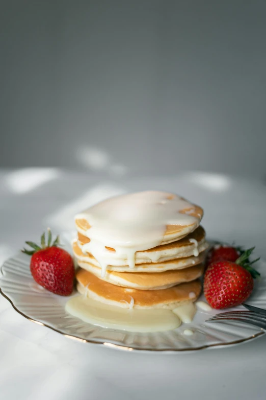 a stack of pancakes sitting on top of a white plate, white pearlescent, strawberry, 6 pack, chicago