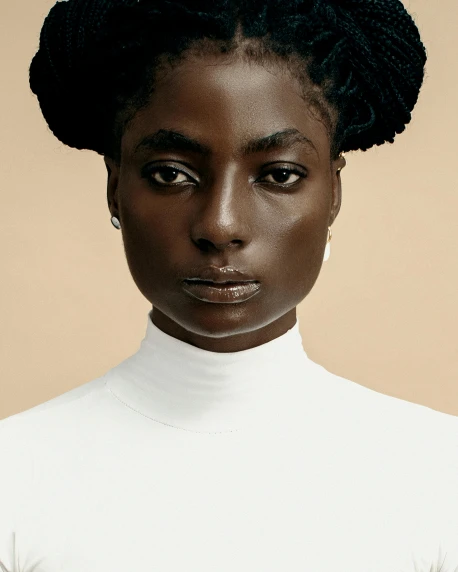 a woman with black hair and a white turtle neck, by Lily Delissa Joseph, trending on pexels, afrofuturism, clean shaven, ( ( brown skin ) ), aida muluneh, lena oxton