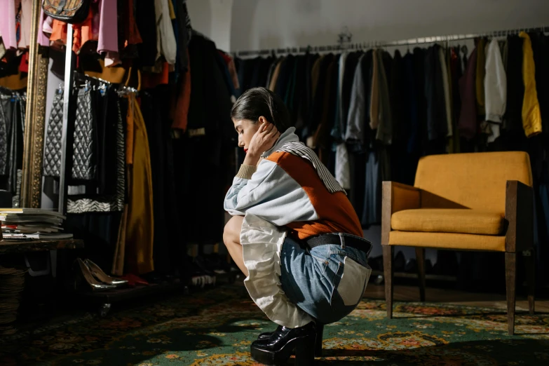 a woman squatting down in front of a rack of clothes, by Nina Hamnett, pexels, realism, hugging his knees, production photo, broken down, ignant