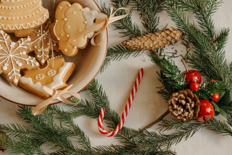 a bowl filled with cookies sitting on top of a table, by Emma Andijewska, trending on pexels, folk art, candy canes, evergreen branches, background image, ornament crown