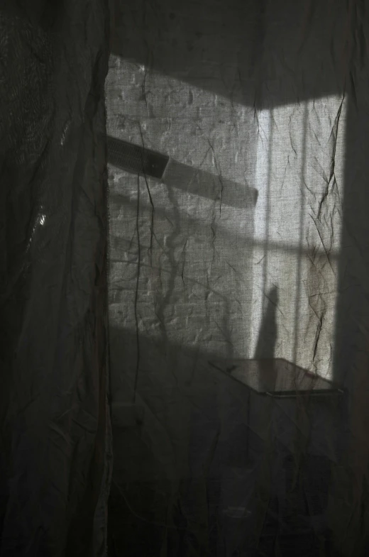 a cat sitting on a window sill in a dark room, an album cover, inspired by Katia Chausheva, draped in transparent cloth, sun glare, ( ( photograph ) ), prison cell