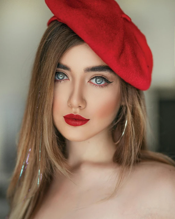 a woman wearing a red beret posing for a picture, trending on pexels, beautiful makeup, portrait sophie mudd, queer woman, photoshopped