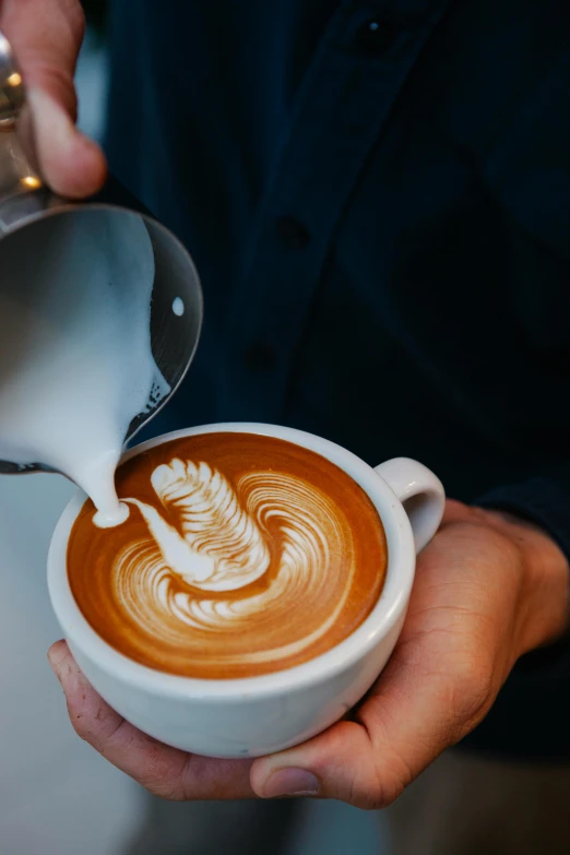 a person pouring milk into a cup of coffee, pexels contest winner, aussie baristas, intricate design, thumbnail, curvy build