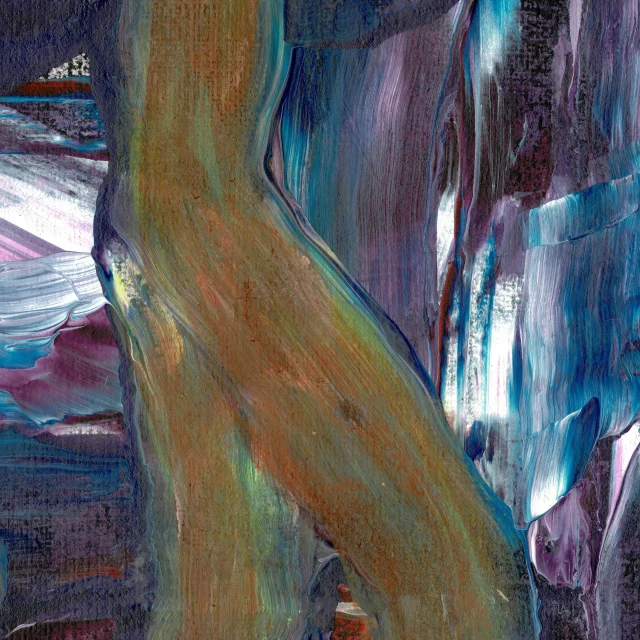 a painting of a woman standing in front of a bed, inspired by Richter, unsplash, lyrical abstraction, aerial iridecent veins, close up 1 9 9 0, twisted trunk, blue and violet