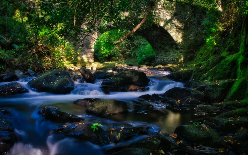 a stream running through a lush green forest, pexels contest winner, white stone arches, cornwall, thumbnail, brown