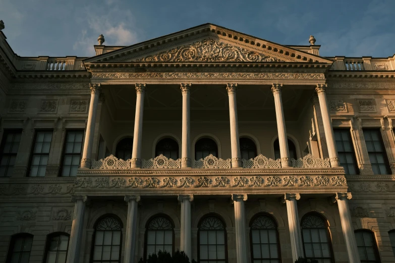 a large building with a clock on the front of it, an album cover, inspired by Pál Balkay, neoclassicism, elaborate carved wood balconies, thumbnail, istanbul, vray 8k