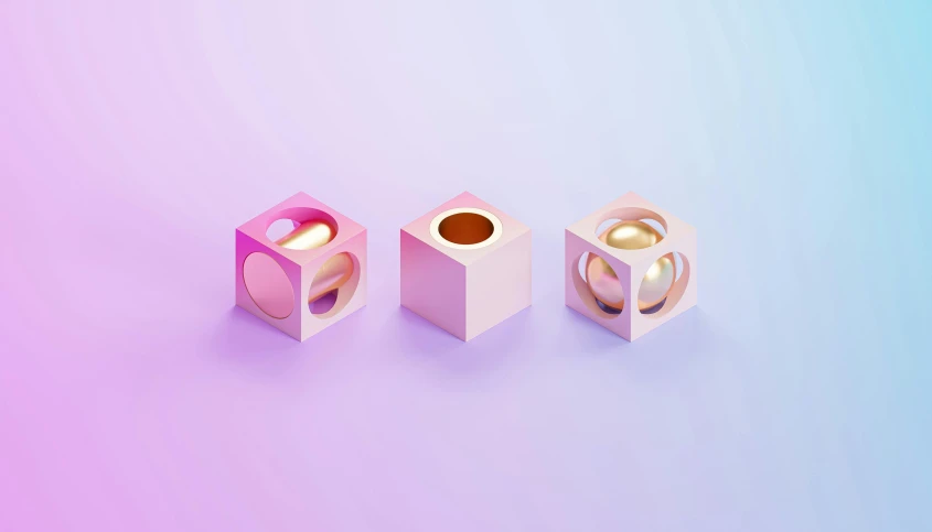 a couple of rings sitting on top of a table, inspired by Beeple, cubes, minimal pink palette, spheres, path tracing