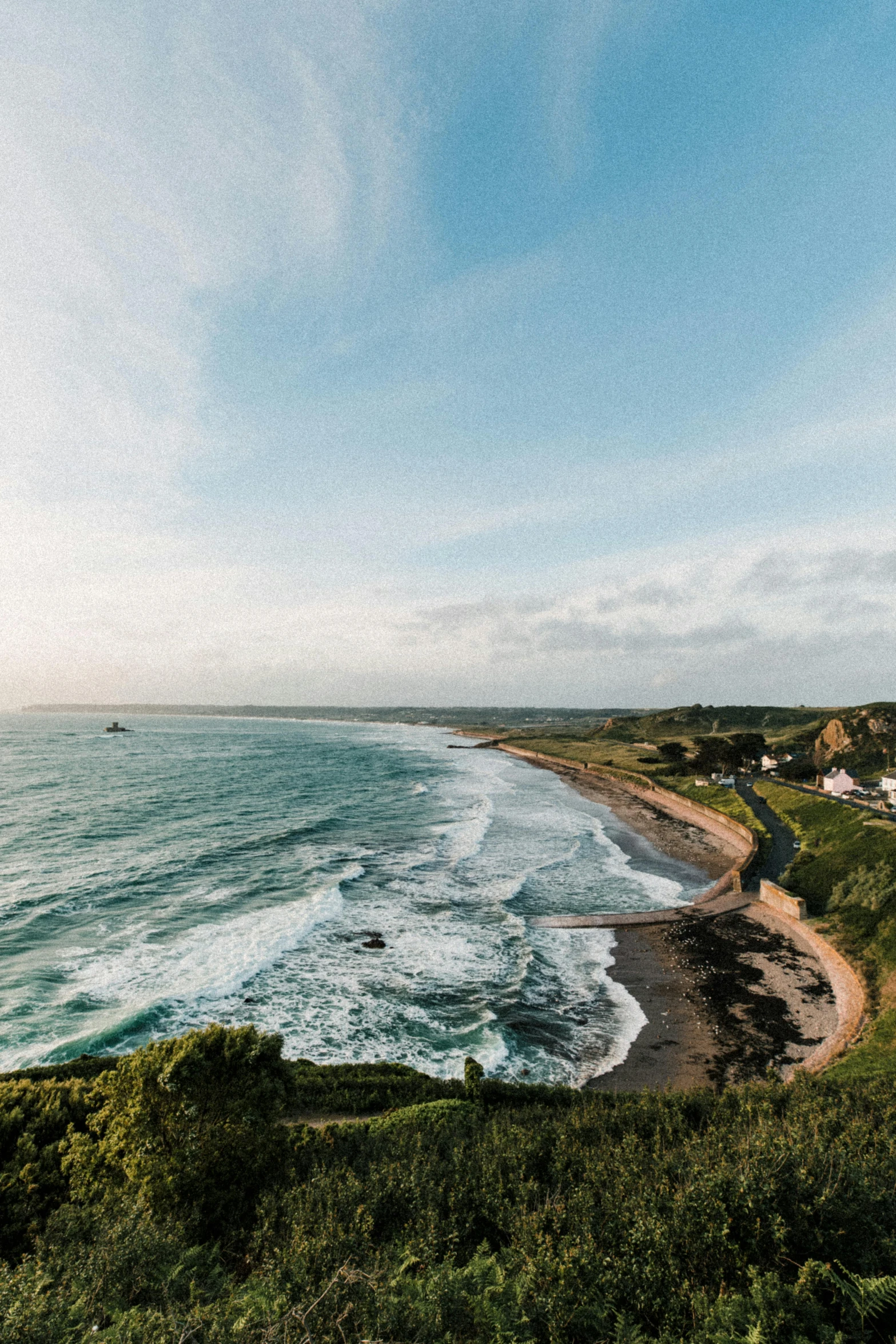 a view of the ocean from the top of a hill, by Simon Marmion, unsplash contest winner, renaissance, storming the beaches of normandy, wide long view, morning light, beachfront