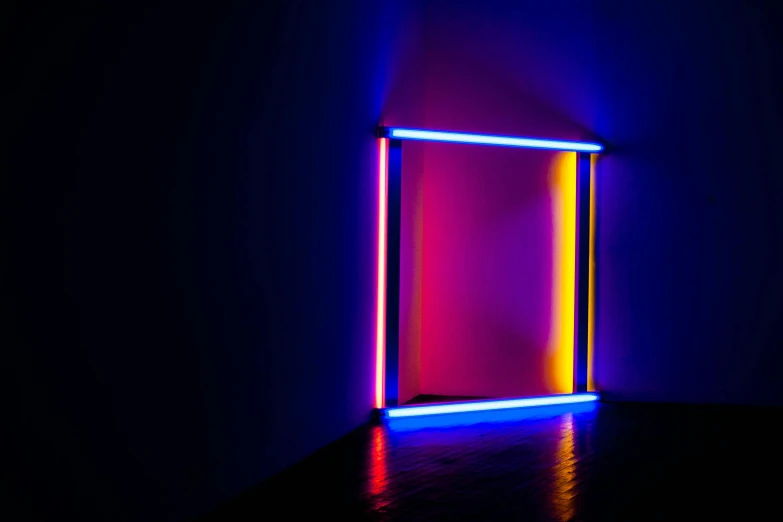 a neon lit door in a dark room, a minimalist painting, inspired by Richard Anuszkiewicz, unsplash, pink yellow and blue neon signs, museum diffuse lighting, blue and orange rim lights, brightly lit purple room