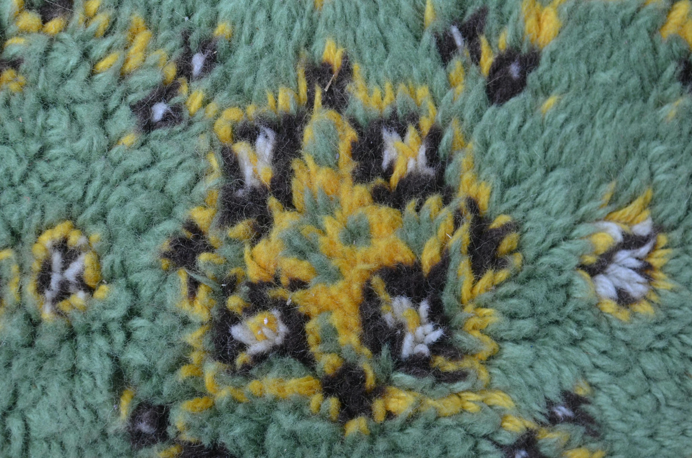 a close up of a green and yellow rug, inspired by Bernat Sanjuan, sōsaku hanga, knitted hat, detailed color scan, moroccan, medium detail