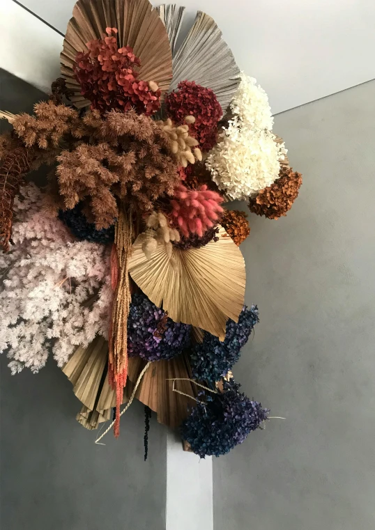 a bunch of dried flowers hanging on a wall, by Gwen Barnard, mauve and cinnabar and cyan, curated collection, afro made of flowers, tang mo