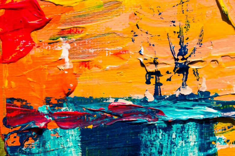 a painting of a boat on a body of water, an abstract painting, by Micha Klein, pexels contest winner, abstract expressionism, orange and cyan paint decals, 8 k hd detailed oil painting, ntricate oil painting, on canvas