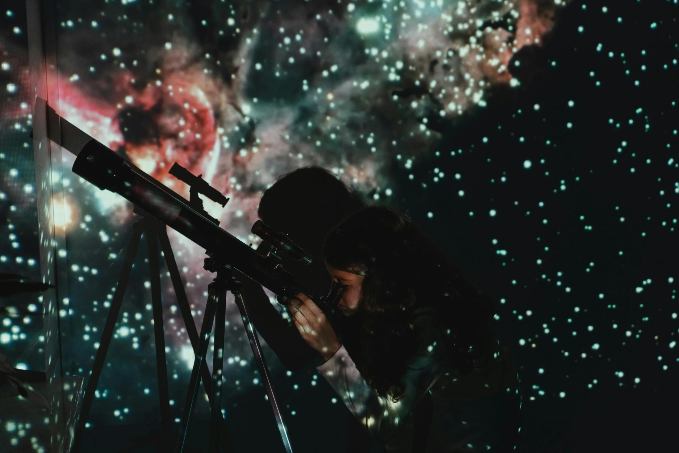 a woman looking through a telescope at the stars, a microscopic photo, pexels contest winner, space art, vhs colour photography, ☁🌪🌙👩🏾, cosmic weapons, mixed art