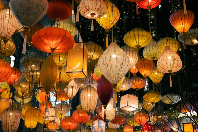 a room filled with lots of paper lanterns hanging from the ceiling, by Micha Klein, unsplash contest winner, interactive art, 🦩🪐🐞👩🏻🦳, vibrant city lights, traditional chinese clothing, fairy lights