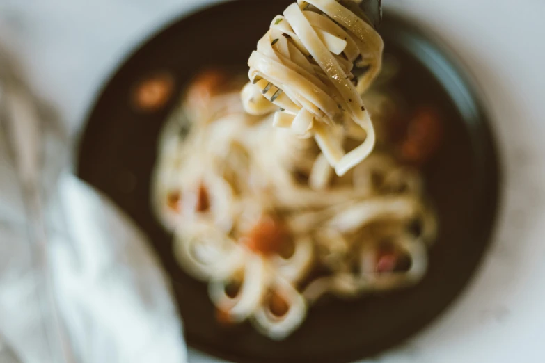 a close up of a plate of pasta with a fork, by Emma Andijewska, pexels contest winner, renaissance, medium format. soft light, thumbnail, grey, soup