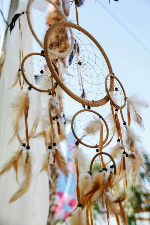 a group of dream catchers hanging from a pole, subtle detailing, upclose, brown, featured art