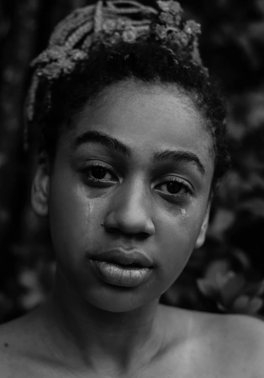 a black and white photo of a woman crying, a black and white photo, inspired by Carrie Mae Weems, pexels contest winner, realism, light skinned african young girl, xxxtentacion, portrait realistic photograph, ashteroth