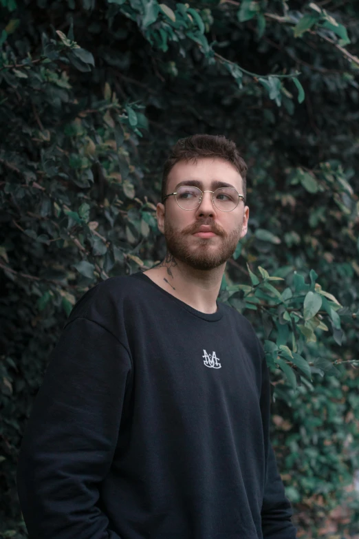 a man with glasses standing in front of a bush, an album cover, inspired by Ion Andreescu, unsplash, with a beard and a black shirt, charli bowater, discord profile picture, mid length portrait photograph
