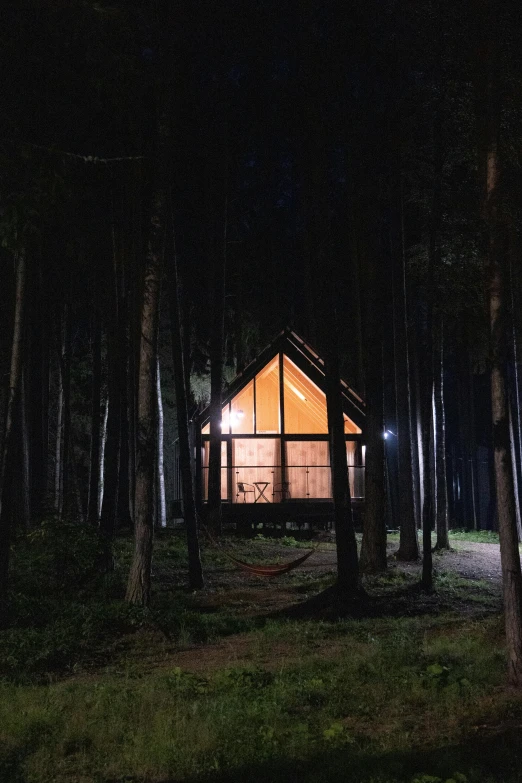 a small cabin in the middle of a forest at night, daverapoza, profile image