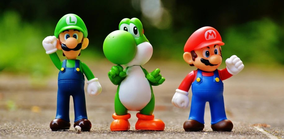 three figurines of mario and luigi standing next to each other, a cartoon, inspired by Luigi Kasimir, pexels contest winner, nerds, mobile game, photo taken in 2018, heroic