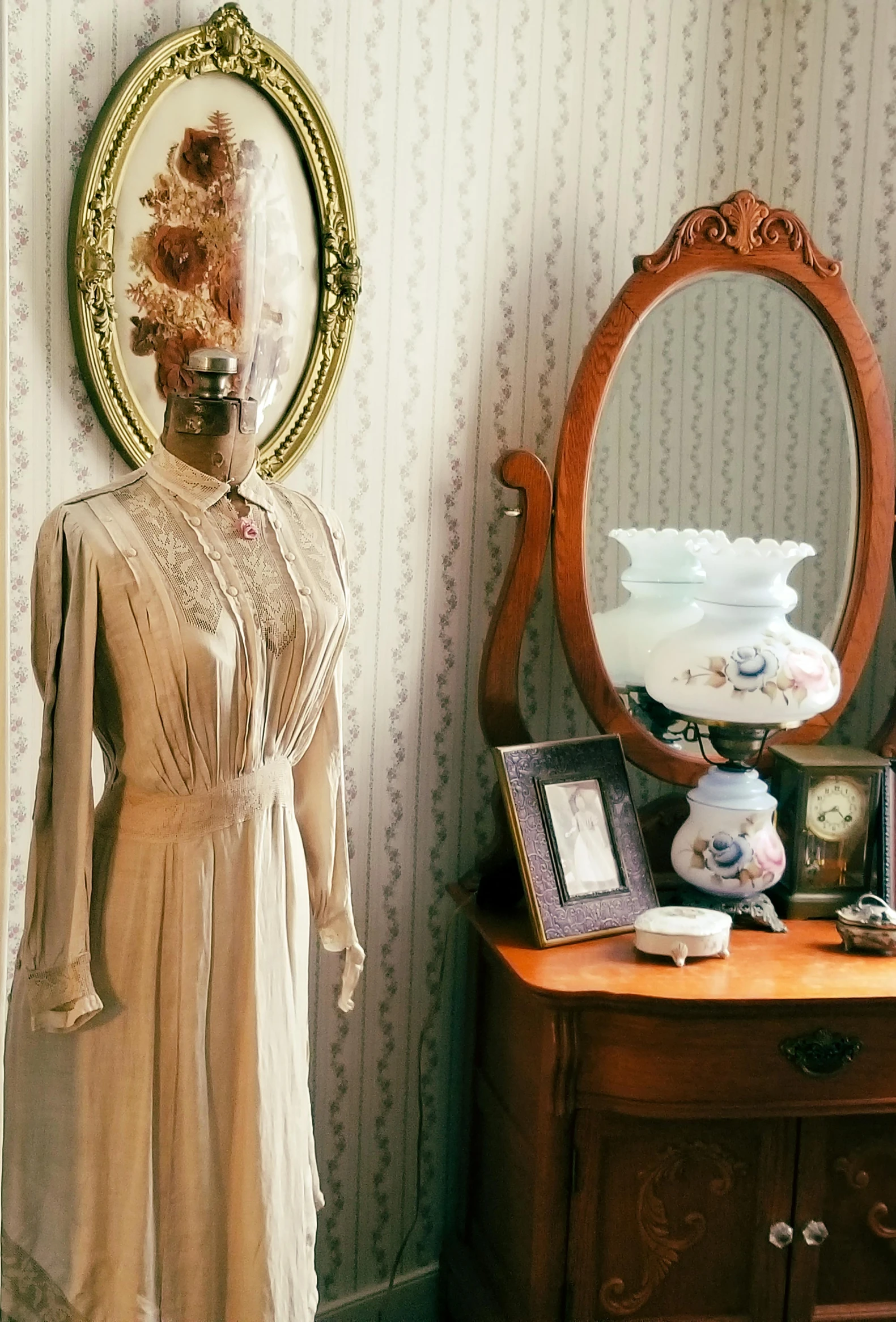 a dress sitting on top of a dresser next to a mirror, art nouveau, display item, lot of details, items, brown