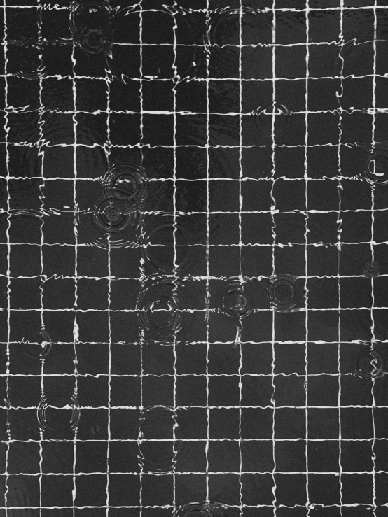 a black and white photo of a fence, an abstract drawing, by Brice Marden, conceptual art, white ink sketch on black paper, tiling texture, digital art - n 9, wet reflections in square eyes