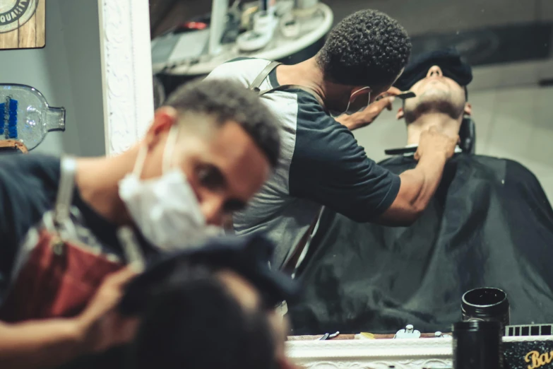 a man getting his hair cut at a barber shop, pexels contest winner, black edges, thumbnail, profile pic, full faced