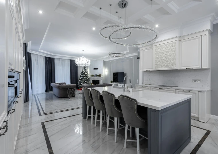 a large kitchen with a center island in the middle of the room, by Alexander Fedosav, pexels contest winner, carved white marble, 15081959 21121991 01012000 4k, grey and silver, living room interior