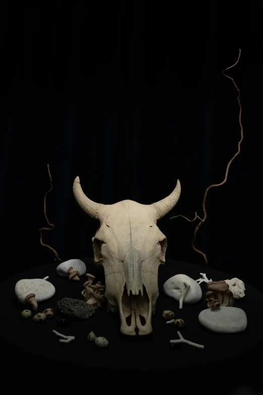 a cow skull sitting on top of a table, a surrealist sculpture, by Jesper Knudsen, unsplash, vanitas, with jagged rocks and eerie, all manner of beasts, found in a cave made of clay, white spiral horns
